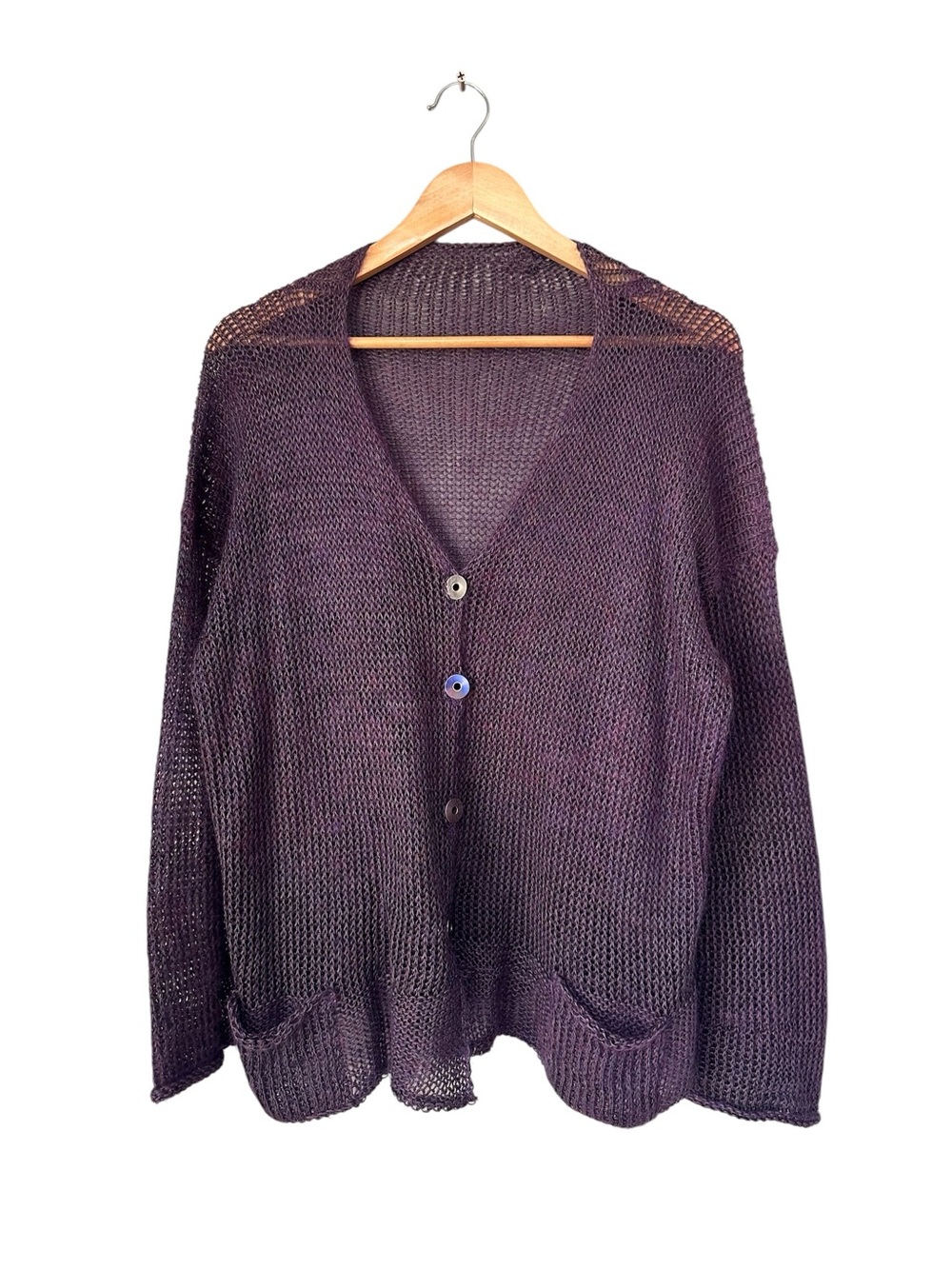 Crochet Knit Lavender Purple Open Weave Cardigan Sweater XL